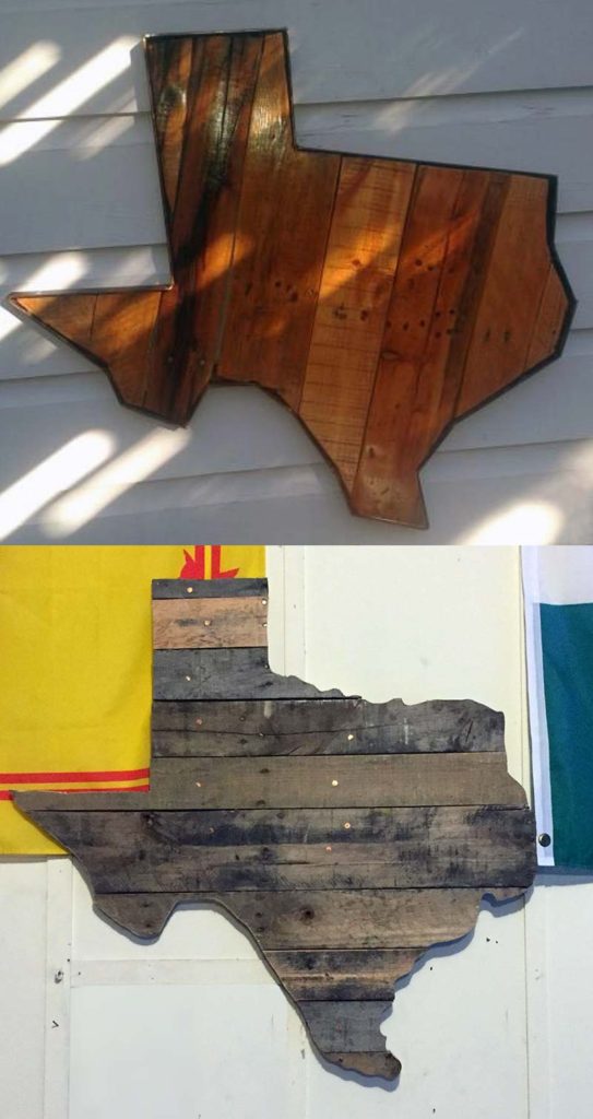 old wood pallets cut into the shape of texas