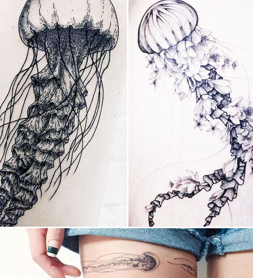 Cute Jellyfish Tattoo Swirls Line Art Vector Sharp Drawing · Creative  Fabrica