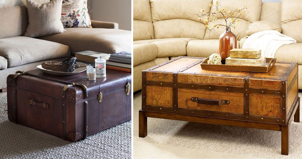 Living Room With A Brass Trunk Coffee Table