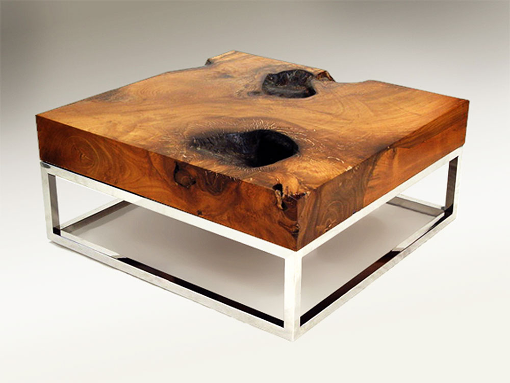 thick teak wood slab coffee table with chrome base 