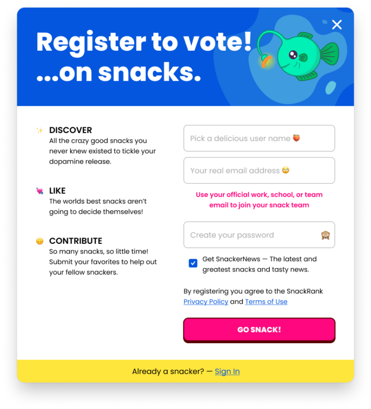 Snackrank sign up - vote for your favorite snacks